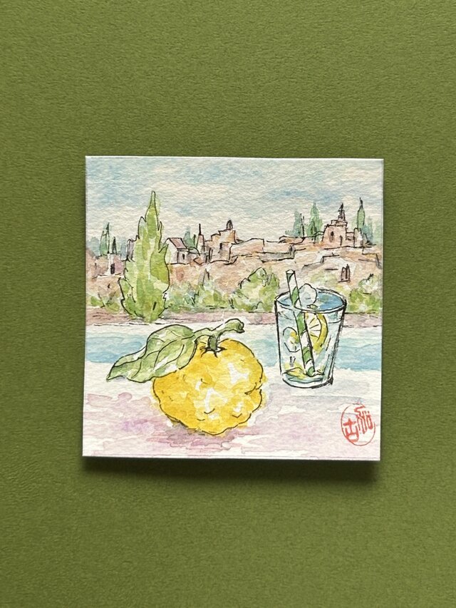 柚子と宮殿(ミニミニ絵画、水彩画、原画スペイン、グラナダ、フレーム