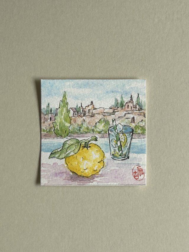 柚子と宮殿(ミニミニ絵画、水彩画、原画スペイン、グラナダ、フレーム