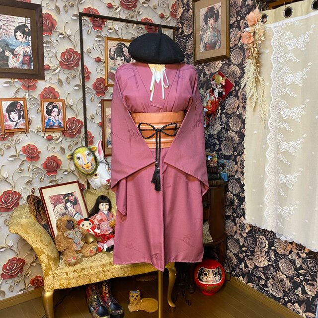 色無地 着物リメイク ミニミディ ワンピース ／ドレス／洗える化繊 帯