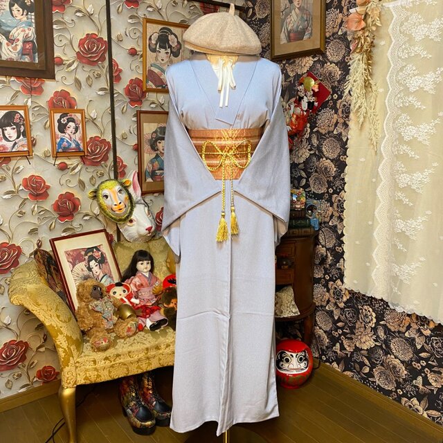 色無地 着物リメイク ロング ワンピース ／ドレス／洗える化繊 帯