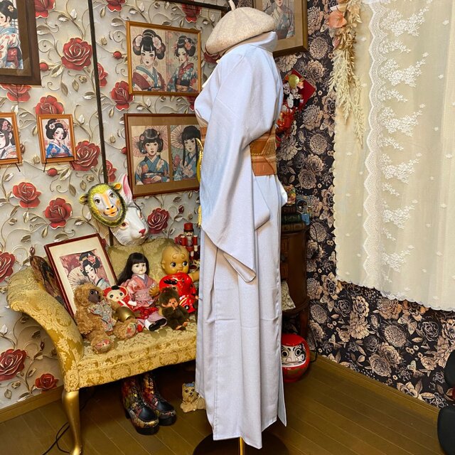 色無地 着物リメイク ロング ワンピース ／ドレス／洗える化繊 帯