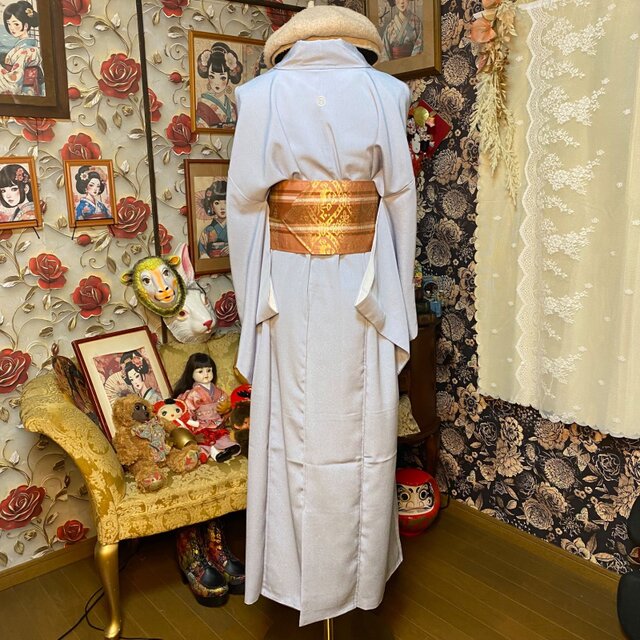 色無地 着物リメイク ロング ワンピース ／ドレス／洗える化繊 帯