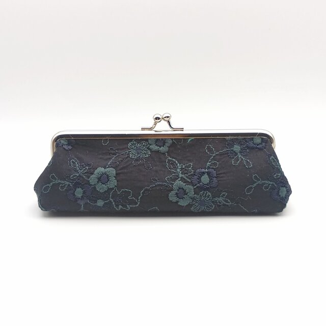花柄刺繍 がま口ペンケース メガネケース 口金18cm 筆箱 ブラック 762