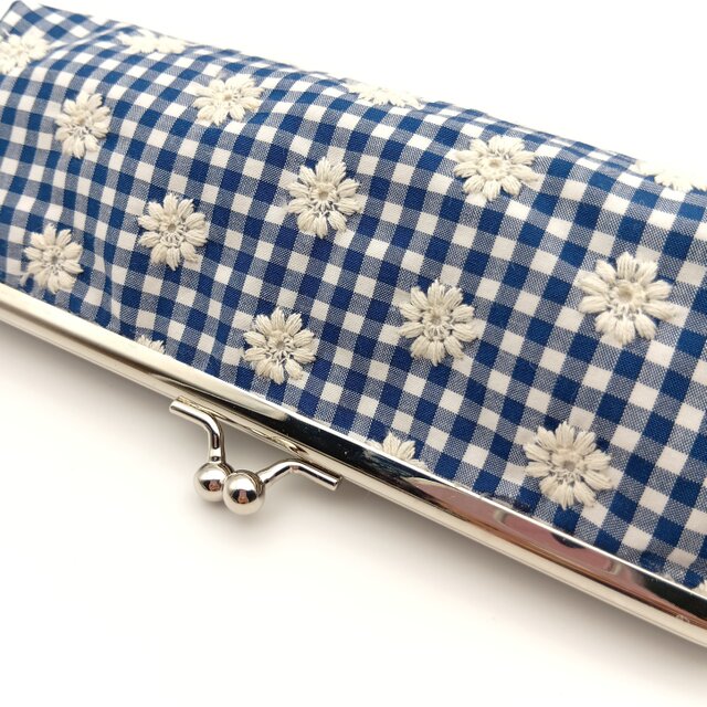 花柄刺繍 がま口ペンケース メガネケース 口金18cm 筆箱 ギンガム