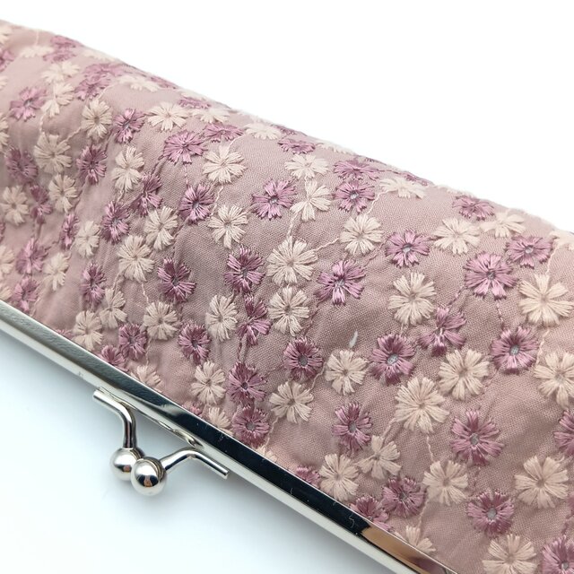 花柄刺繍 がま口ペンケース メガネケース 口金18cm 筆箱 くすみピンク