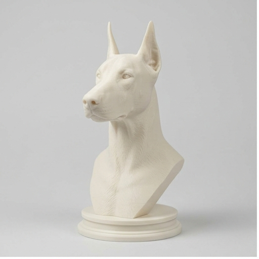 犬の頭部を持つ樹脂製彫刻 犬（ドーベルマン）の3Dプリント胸像 白PLA 彫刻 置物 インテリア