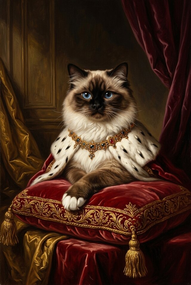 『柴犬の女王様』『ヒマラヤン猫とハートのペンダント』油絵　猫　ミニ絵画　原画 猫（ヒマラヤン）のルネサンス風肖像画 油絵風アートA3額装インテリア