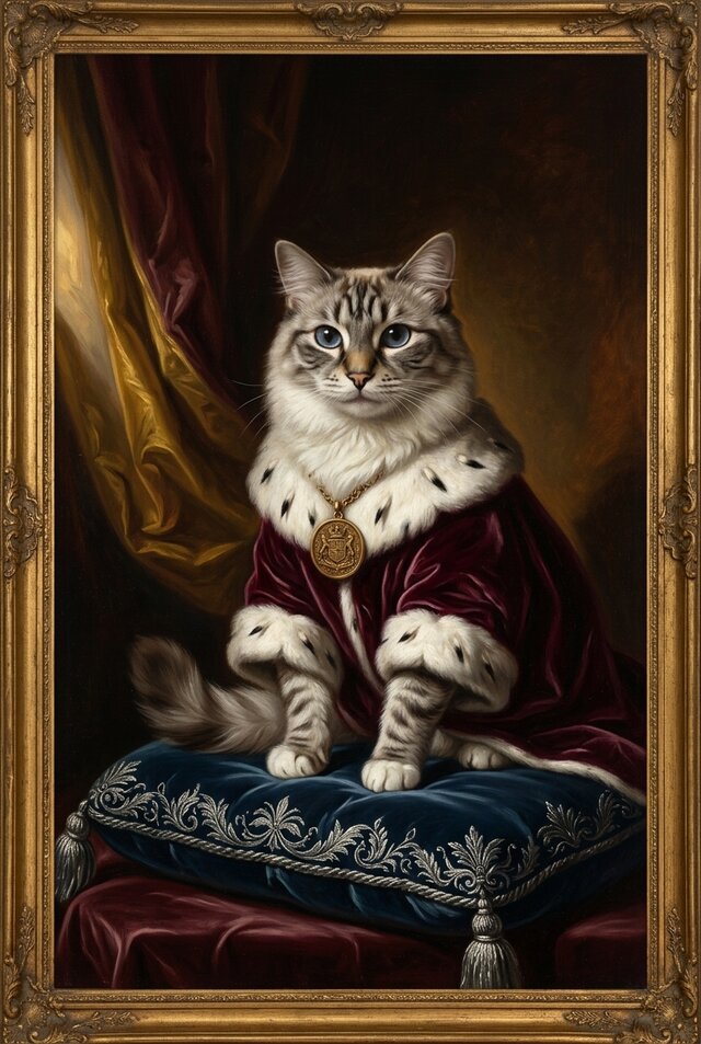 猫（ラグドール）のルネサンス風肖像画 油絵風アートA4額装インテリア