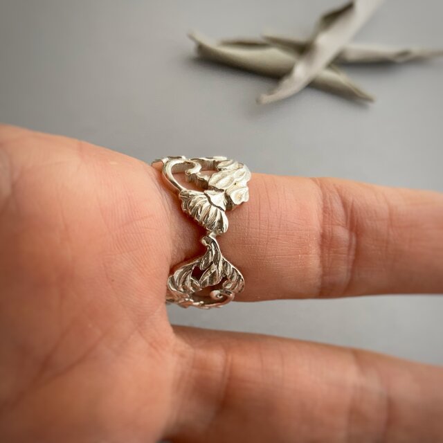 和彫り 草花文様の銀リング｜Silver Hand-engraved Ring 一点もの（no