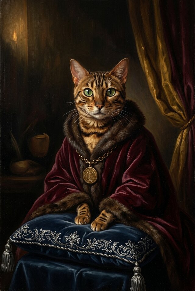 猫（ベンガル）のルネサンス風肖像画 油絵風アートA3額装インテリア