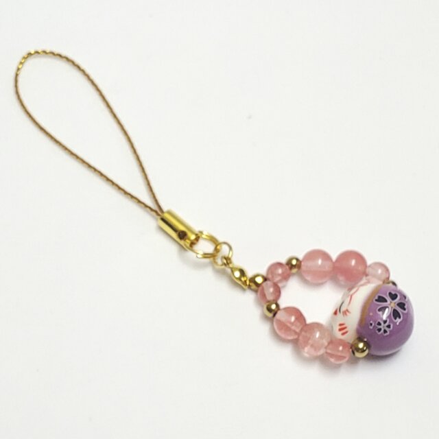 福 招き猫×チェリークォーツ＊天然石ストラップ＊幸運＊癒し＊お守り