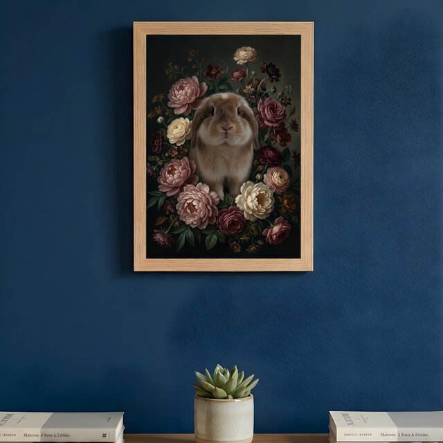 うさぎ（アメリカンファジーロップ）の花の油絵風アート A4額装