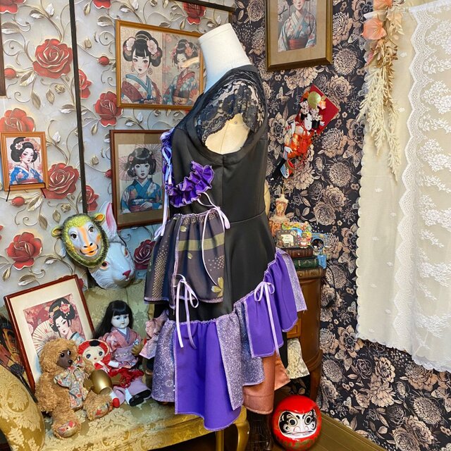 多色パッチワーク　イベント　和風ドレス　DECO JAPAN 和洋折衷リメイク 着物 ドレス パッチワーク コラージュ ドッキング