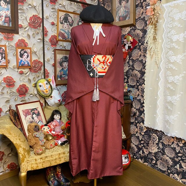 LL 着物リメイク 正絹 赤茶附下げ シンプルゆったりワンピース 色無地 着物リメイク セミロング ワンピース ／ドレス／洗える化繊 帯