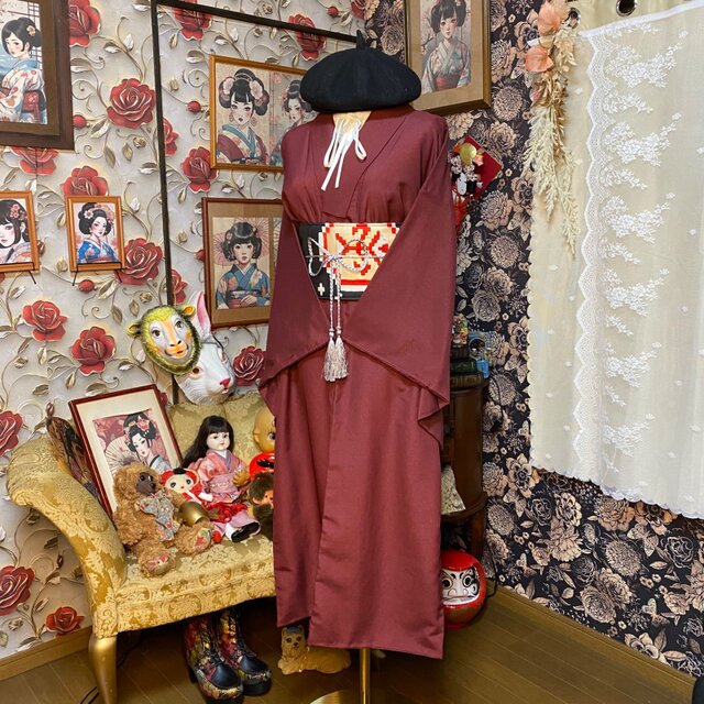 色無地 着物リメイク セミロング ワンピース ／ドレス／洗える化繊 帯