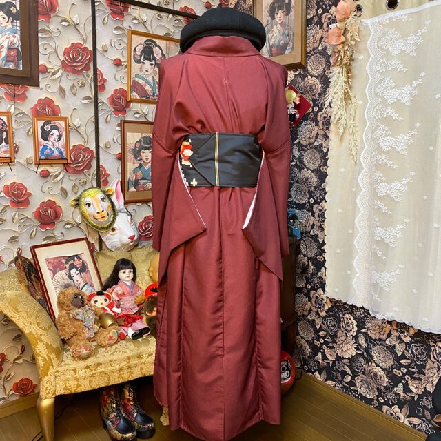 着物リメイク　ゆったりワンピース　正絹色無地　柳染色　ハンドメイド 色無地 着物リメイク セミロング ワンピース ／ドレス／洗える化繊 帯