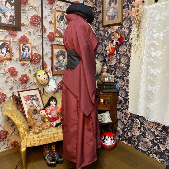 色無地 着物リメイク セミロング ワンピース ／ドレス／洗える化繊 帯