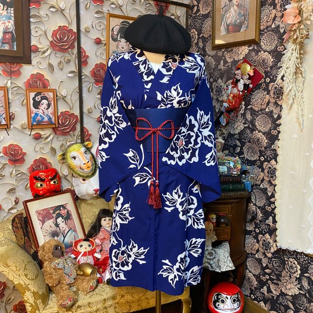 浴衣リメイク ミニミディ ワンピース ドレス 帯サッシュベルト付 和洋