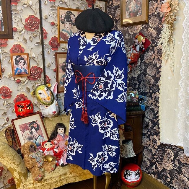 浴衣リメイク ミニミディ ワンピース ドレス 帯サッシュベルト付 和洋
