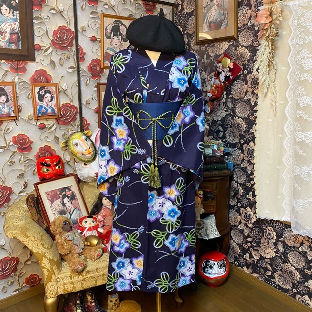 浴衣リメイク ワンピース ドレス 帯サッシュベルト付 和洋折衷 レトロ