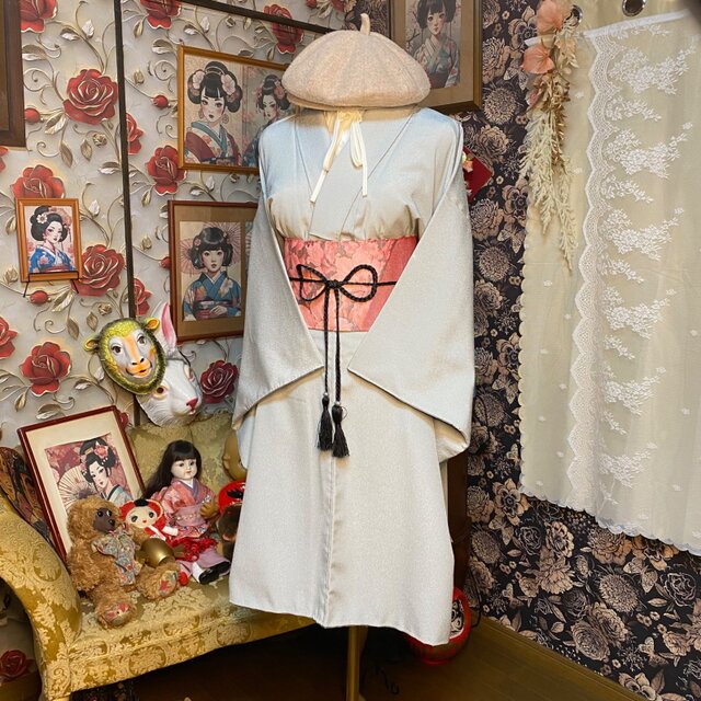 色無地 着物リメイク ミニミディ ワンピース ／ドレス／洗える化繊 帯