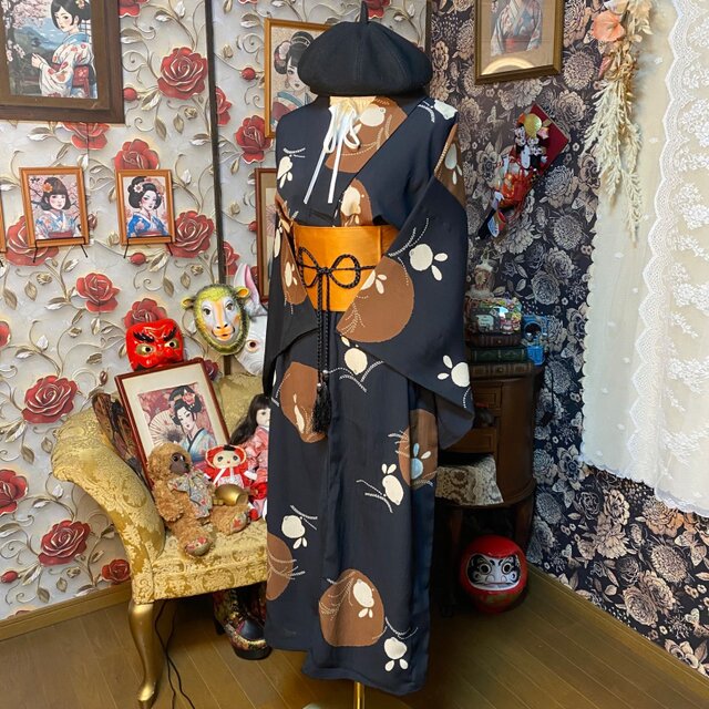 夏着物リメイク セミロング ワンピース／ドレス／洗える化繊 帯 黒地に
