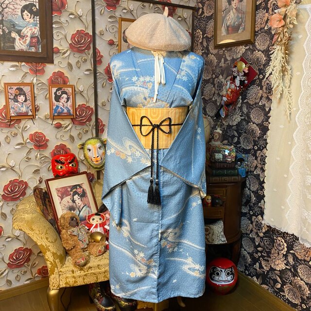 単衣着物リメイク ワンピース／ドレス／洗える化繊 帯サッシュベルト