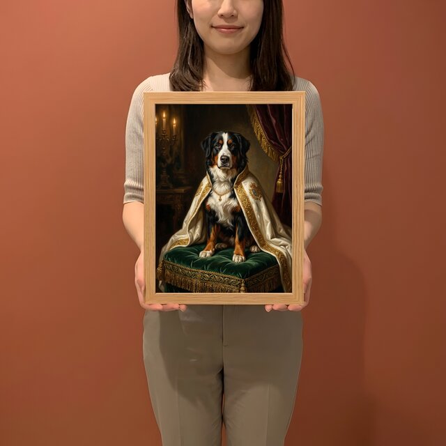 【美品】犬を抱いた少年　額装　Italy製 犬（バーニーズマウンテンドッグ）のルネサンス風肖像画 A4額装