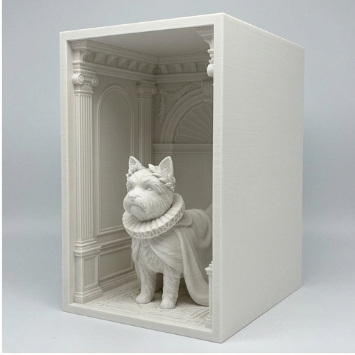 犬（ヨークシャーテリア）の3Dプリント ブックヌーク 白PLA 本棚