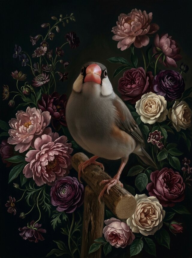 自然・風景写真 花のアート　A3 額装済み　作品プリント 文鳥・ブンチョウの花に囲まれた油絵風アート A3額装インテリア壁掛け