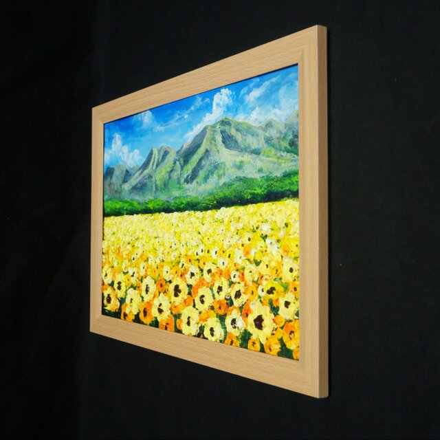 油絵 絵画【陽だまりの特等席】ひまわり畑 山 青空 夏 風景画