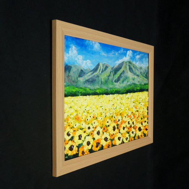 油絵 絵画【陽だまりの特等席】ひまわり畑 山 青空 夏 風景画