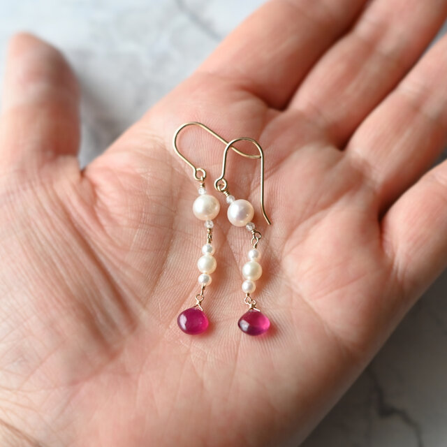 ちか☺︎ 1点作品☆ 希少石　宝石質ルビーピアス　イヤリングに変更可能☺︎ 新作】宝石質ルビーのピアス(パール・SSサイズ)・イヤリング変更可