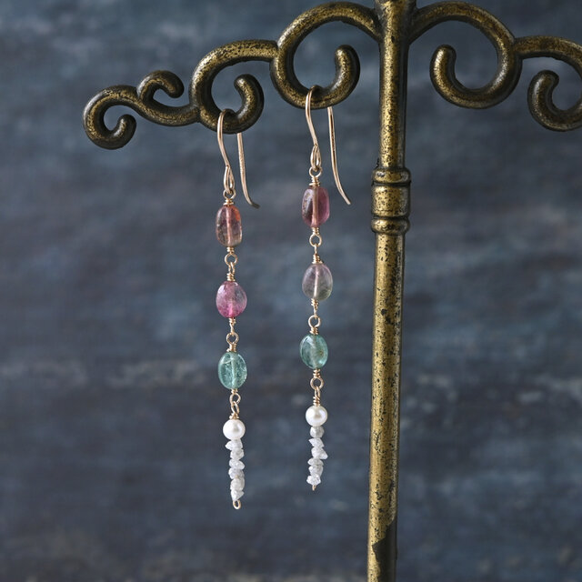 海　夏　ピアス　ハンドメイド　アクセサリー　マーブル模様　お揃い　メンカラ 夢見るカラー】宝石質バイカラートルマリンのピアスC・イヤリング変更