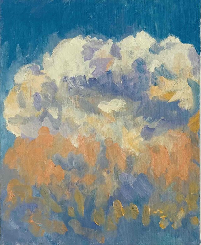 「工場と空」油彩・原画・F3・22×27㎝・かけひも付き 原画・油彩「夏の夕方の空」アート・絵画 ・F3（22×27㎝ ）キャンバス