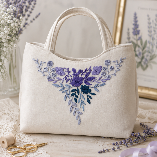 T＊伊太利屋＊ カシミヤ100％ 羽織り 11号 花柄刺繍デザイン 紺 個性的 図案と刺繍糸セット〉Blue Herbarium －襟・リボンタイ－ | iichi 日々