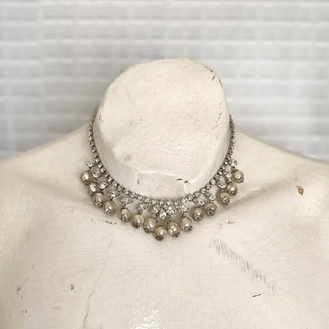 Vintage 50s-60s USA retro crystal bijou×pearl necklace | iichi