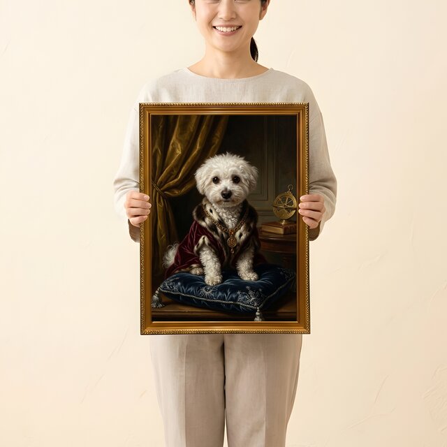 犬（ビションフリーゼ）のルネサンス風肖像画 油絵風アートA3額装