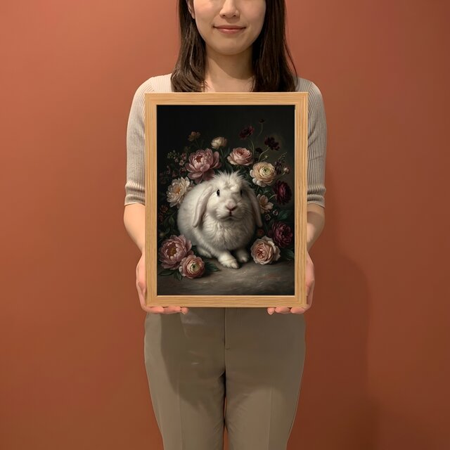 うさぎ（フレンチアンゴラ）の花に囲まれた油絵風アート A4額装