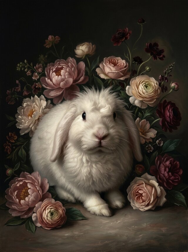 うさぎ（フレンチアンゴラ）の花に囲まれた油絵風アート A4額装