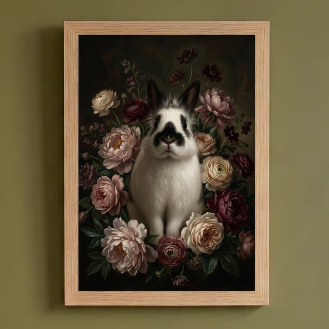 うさぎ（ヒマラヤン）の花に囲まれた油絵風アート A4額装インテリア