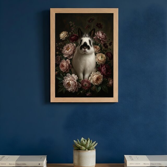 うさぎ（ヒマラヤン）の花に囲まれた油絵風アート A4額装インテリア