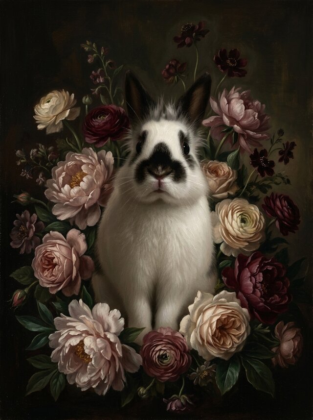 うさぎ（ヒマラヤン）の花に囲まれた油絵風アート A4額装インテリア