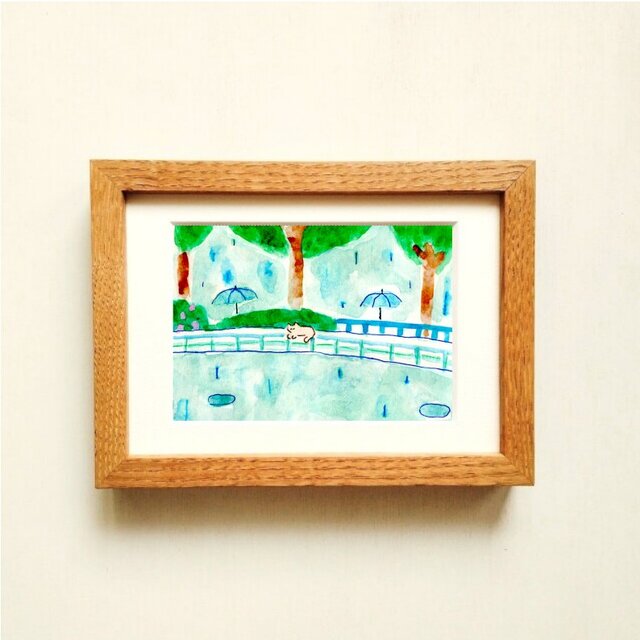 原画・イラスト】「雨宿り」 ※木製額縁入り（2Lサイズ）猫の絵・水彩