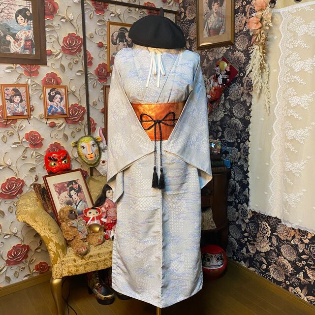 単衣着物リメイク セミロング ワンピース／ドレス／洗える化繊 帯 淡い