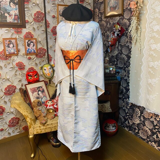 単衣着物リメイク セミロング ワンピース／ドレス／洗える化繊 帯 淡い