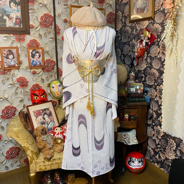 ♪着物リメイク♪ 淡いグレーにとび花模様　春夏用の結城紬　ワンピースとボレロ 夏着物リメイク セミロング ワンピース／ドレス／洗える化繊 帯 淡い