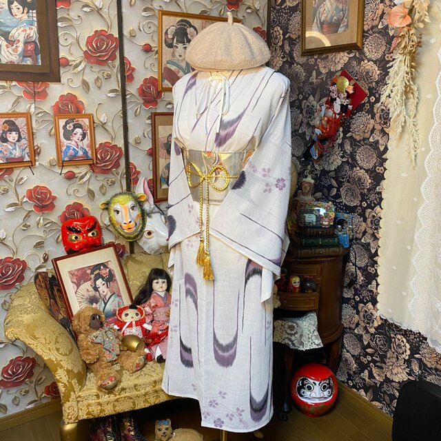 夏着物リメイク セミロング ワンピース／ドレス／洗える化繊 帯 淡い