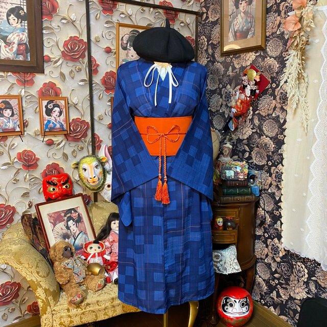 夏着物リメイク ワンピース／ドレス／洗える化繊 帯サッシュベルト