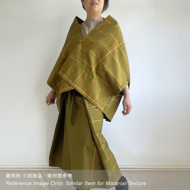 1点もの】さんかく羽織 ブローチ付き -ウール着物地 黄緑 絣 変わり